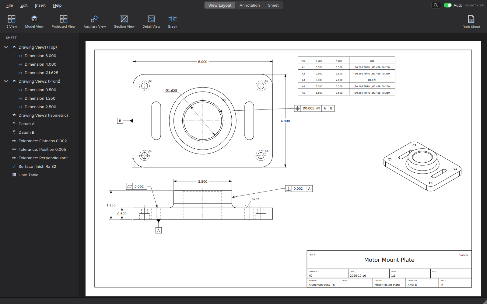 A drawing sheet with GD&T frames and a hole table