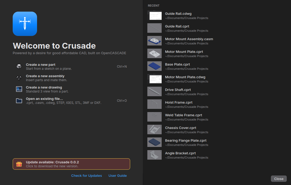 Crusade's Home with the Update available button