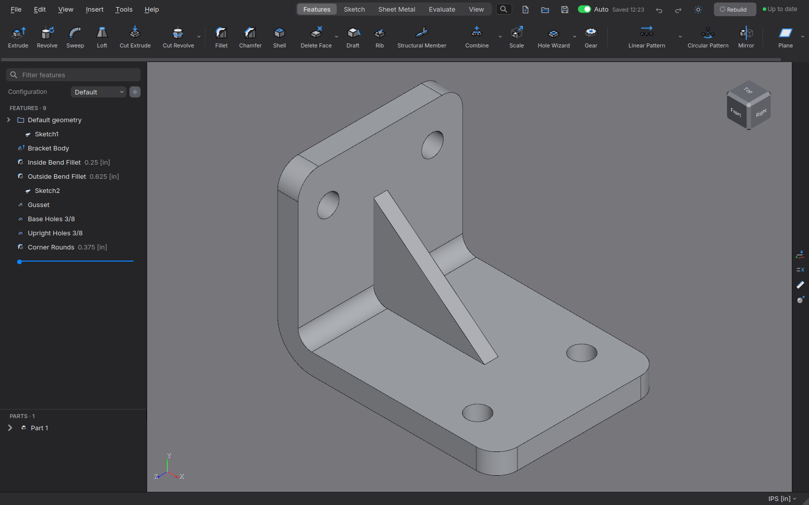 The part window with a modeled part and its feature tree