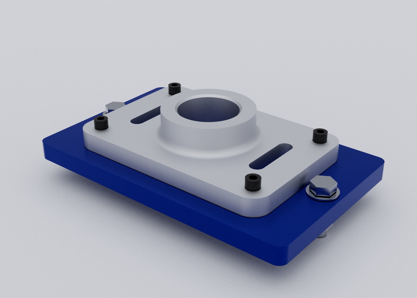 The finished motor mount, rendered: aluminum plate on a blue base with black screws