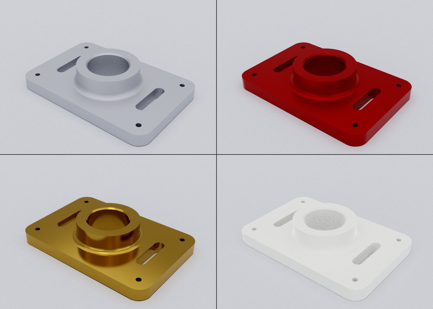 One part rendered in four finishes