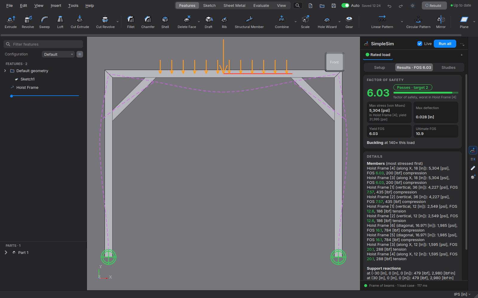 SimpleSim results on a welded frame under load