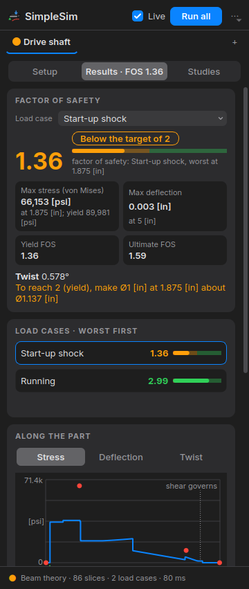 SimpleSim results in the right panel