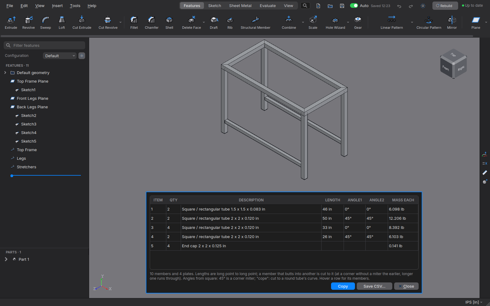 A weldment frame with its cut list